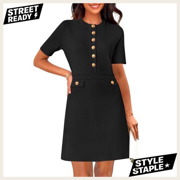 Summer Bodycon Sweater Dress Short Sleeve Knit Button Formal Elegant Work